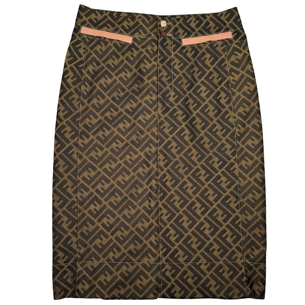 Fendi FF Zucca Monogram Pencil Skirt Brown Logo Print Italy Size 42 US 8 Vintage